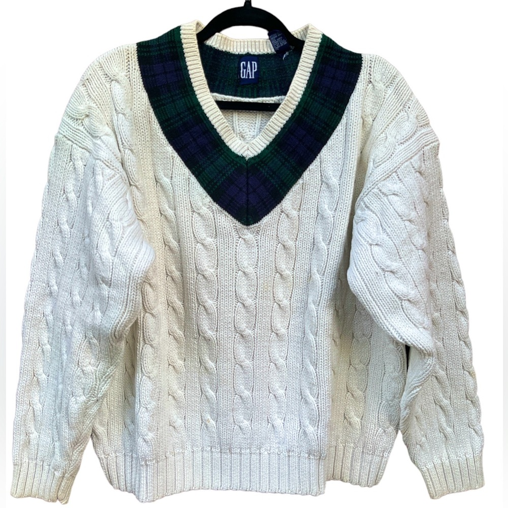 Vintage GAP Vneck Cable Pullover Sweater Navy Blue & Green Plaid Trim Size L